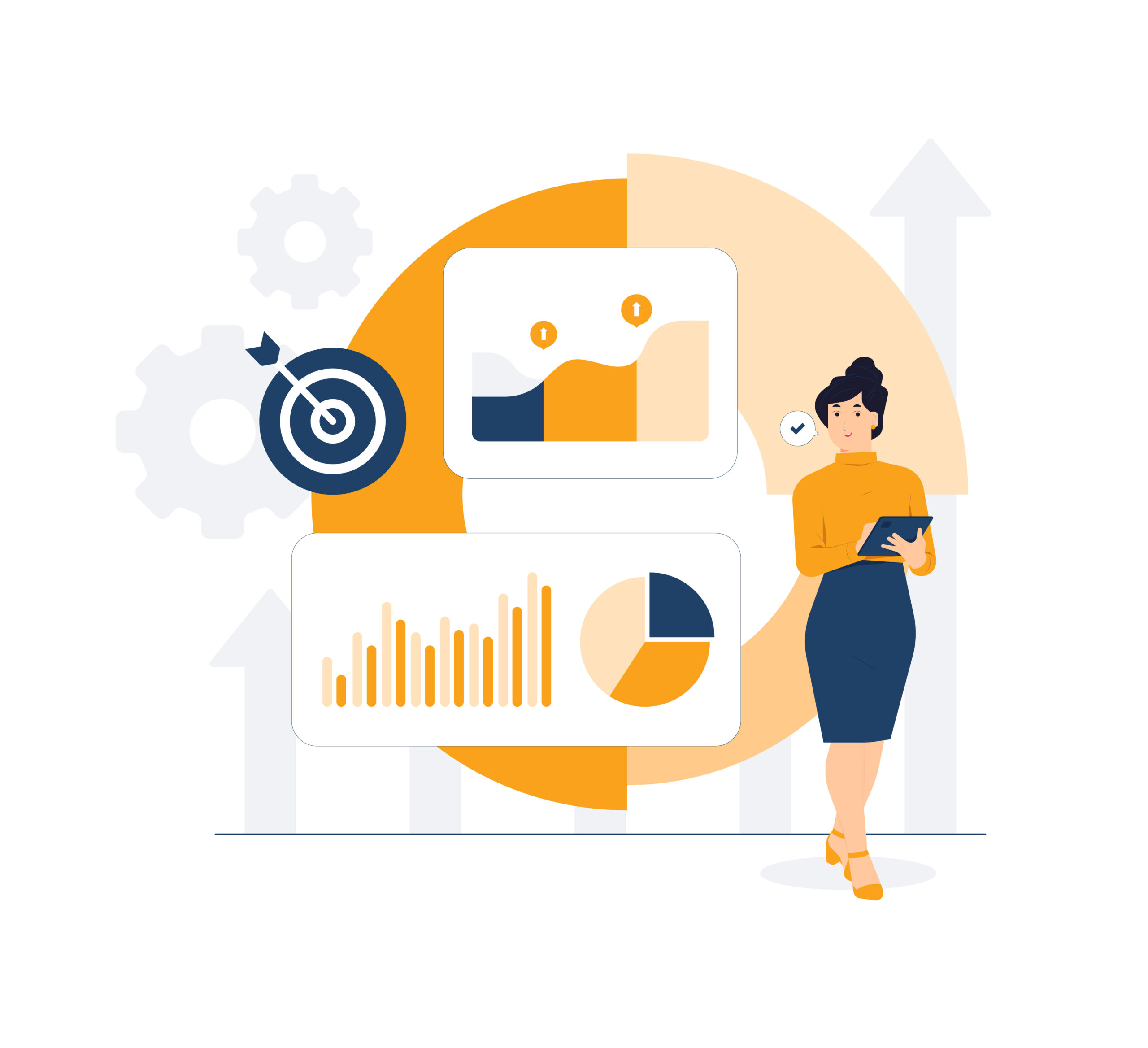 Businesswoman analyst working on laptop analyzing chart growth, dashboard and business finance report, Site stats, Big data, Statistics, monitoring on investments concept illustration